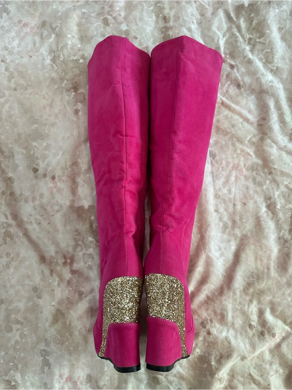 Women's Fuchsia Knee-High Wedge Boots with Glitter Accent